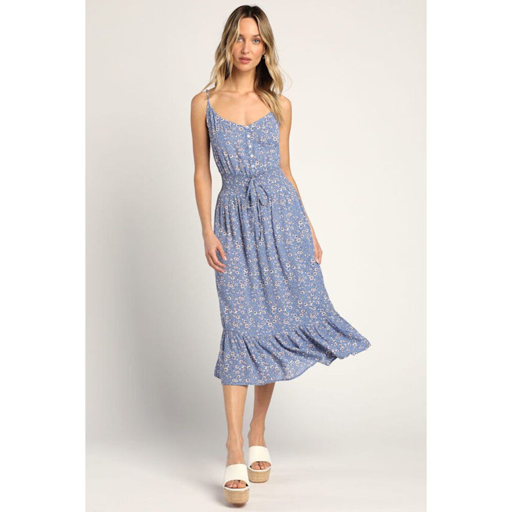 Lulus Life Is Sweet Blue Floral Print Tiered Midi Dress - Size S